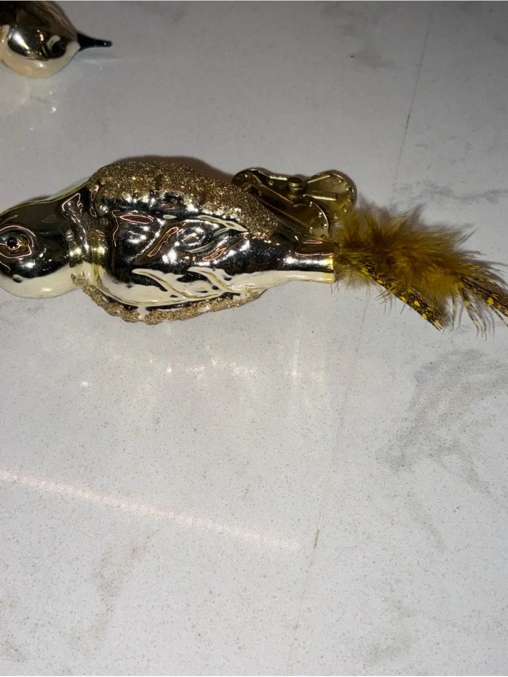 Gold color bird glass clip on Christmas ornament lot of 2 polka dot feathers